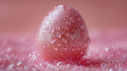 a close up of a water droplet on a pink surface with a light pink back ground and a pink background.