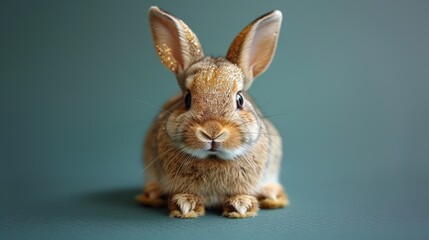 a close up of a brown rabbit on a blue background with a white spot in the middle of the rabbit's ear.