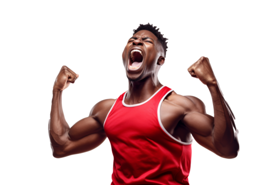Exuberant athlete celebrates victory with arms raised, muscle definition accentuated against a transparent background.
