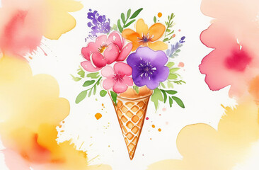 a watercolor painting of an ice cream cone filled with flowers