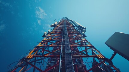 the construction of a television transmitter tower seen from below - obrazy, fototapety, plakaty