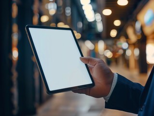 Close-up of a blank tablet screen being used by a businessman. A blank screen is used to enter the desired text. The background is the atmosphere of the night.