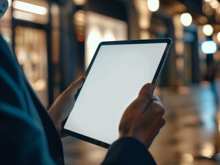 Close-up of a blank tablet screen being used by a businessman. A blank screen is used to enter the desired text. The background is the atmosphere of the night.