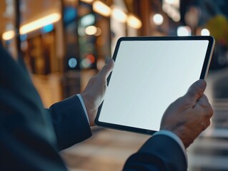Close-up of a blank tablet screen being used by a businessman. A blank screen is used to enter the desired text. The background is the atmosphere of the night.
