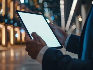Close-up of a blank tablet screen being used by a businessman. A blank screen is used to enter the desired text. The background is the atmosphere of the night.