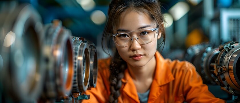 Illustration of a young woman wearing a uniform and safety glasses. Working with machines can use to make campaign posters protect safety, background presenting about the equality of women's rights.
