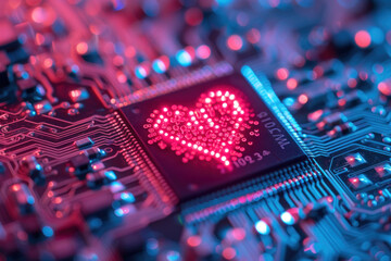 Circuit board cyber network connect heart - obrazy, fototapety, plakaty