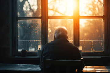 Elderly man sitting alone facing window light - obrazy, fototapety, plakaty