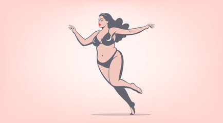 Fototapeta na wymiar Vector concept of body positivity and diversity. Carefree chic curvy beautiful dancing young lady with closed eyes and red lips in a dark bikini swimsuit.