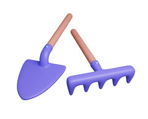 Set of gardening equipment. 3d garden shovel and rake. Garden tools isolated on white. 3d rendering