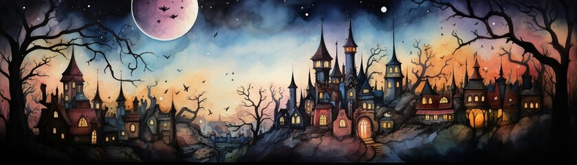 Witch's familiars spying on the castle inhabitants, twilight, eye level, covert observerswater color, drawing, vibrant color, cute