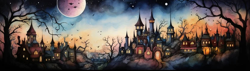 Tuinposter Witch's familiars spying on the castle inhabitants, twilight, eye level, covert observerswater color, drawing, vibrant color, cute © KN Studio