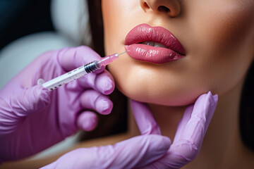 Beautician is contouring the woman's lips with hyaluronic acid filler - obrazy, fototapety, plakaty