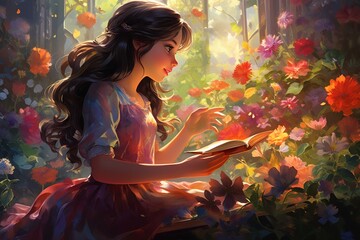 Princess teaching the witch kindness, blooming garden, soft morning light, eye level, gentle persuasionwater color, drawing, vibrant color, cute