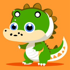 Fototapeta premium Cute green cartoon crocodile with big blue eyes and white teeth.