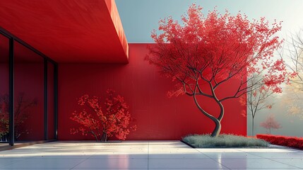 Modern design in red color. Modern architecture. White tiles on the background of red walls and trees