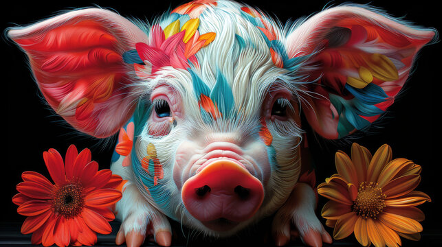 a painting of a pig with a flower in front of it and a flower in the middle of the pig's face.