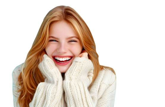 Delighted young woman with red hair, wrapped in a thick white scarf, laughing against a png background.