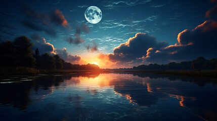 Bright moon reflected in water