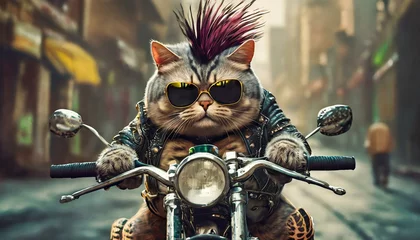 Küchenrückwand glas motiv A punk style cat with mohawk hair rides a motorcycle © Ümit