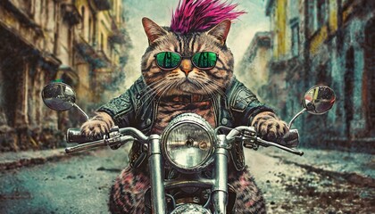A punk style cat with mohawk hair rides a motorcycle - obrazy, fototapety, plakaty