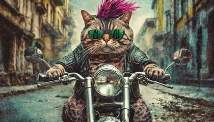Gordijnen A punk style cat with mohawk hair rides a motorcycle © Ümit