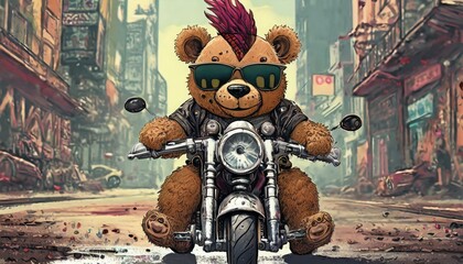 A punk style teddy bear with mohawk hair rides a motorcycle