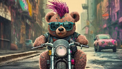 A punk style teddy bear with mohawk hair rides a motorcycle - obrazy, fototapety, plakaty