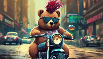 Fototapeten A punk style teddy bear with mohawk hair rides a motorcycle © Ümit
