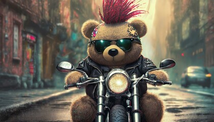 A punk style teddy bear with mohawk hair rides a motorcycle