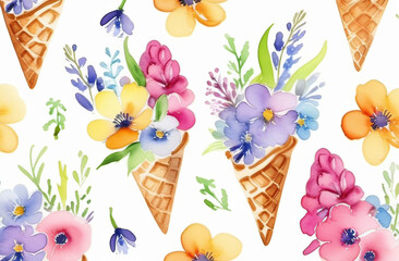 Seamless pattern of ice cream cones filled with flowers on a white background