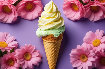 Ice cream cone surrounded by pink flowers on a purple background