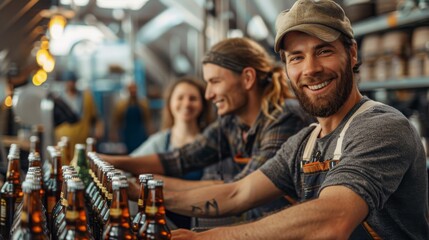 Professional team working on a beer bottling production line in a brewery