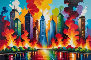 Foto op Plexiglas Aquarelschilderij wolkenkrabber  Oil Painting of City on Fire Impressionist Pop Art Style