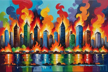Obraz premium Oil Painting of City on Fire Impressionist Pop Art Style