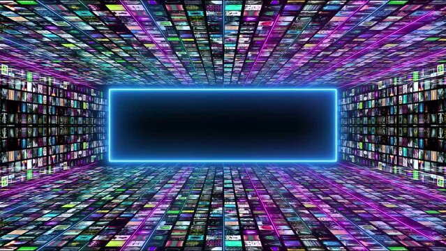 intro and outro animation with neon beam rectangle glowing with video collage with tehcnology theme around. Abstract digital backdrop