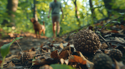 Person and dog walking in forest, close-up of pinecone.