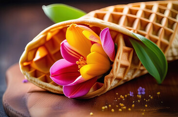 Magenta flowers in a waffle cone on a wooden table