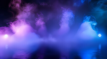Fototapeta na wymiar Purple light has abstract smoke rays in the black room and blurred blue background has smoke like burning in the club. The colorful and creative lighting rolls into incredible curve-like environments 