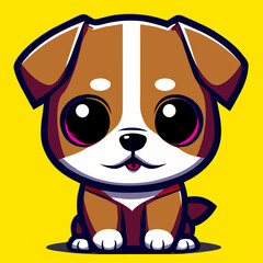 Obraz premium A cute cartoon puppy with brown fur, big eyes, and a white stripe on its head, sitting on a yellow background.