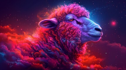 Fototapeta premium a close up of a sheep in the sky with clouds and stars in the background with a red and purple hue.