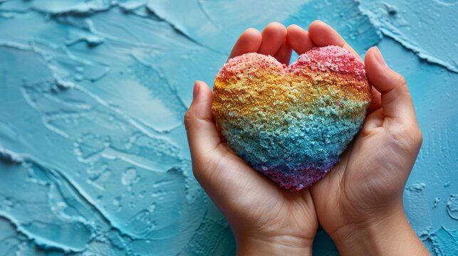 The image shows the hand of a child holding a colorful heart against a blue background in celebration of World Autism Awareness Day.
