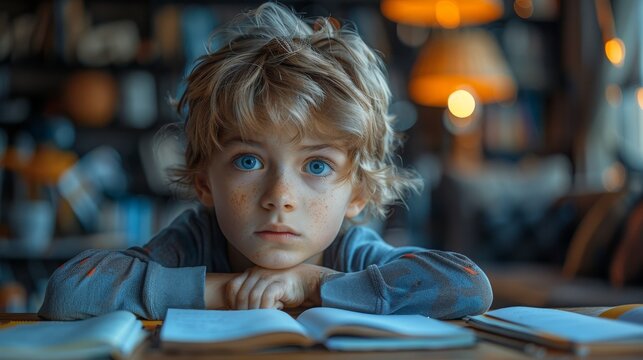 An image of a sad boy doing his homework. The concept of education, school, and learning difficulties is shown.