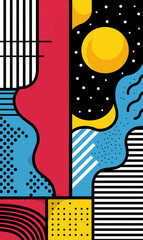 Vibrant abstract background in the style of the 80s, made in the spirit of Memphis pop art. Retro-style illustration with a creative drawing in trendy primary colors. 