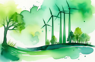 Watercolor painting of a green forest with windmills and trees