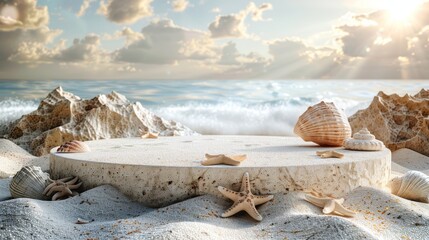 The front view of an empty round beige platform podium with starfish and seashells on a white beach sand background. A creative composition background for cosmetics or products presentations. - obrazy, fototapety, plakaty