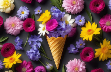 Artistic waffle cone filled with vibrant petals and grass on table