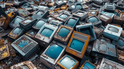 A white background is covered with old computers, tablets, smartphones, household appliances, broken electronic devices, and discarded electronics. This is a concept of planned obsolescence and - obrazy, fototapety, plakaty