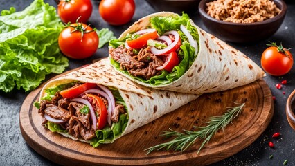 Doner kebab or shawarma with beef meat, lettuce leaves, onions, tomatoes, spices.