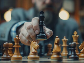 Chess Player Decides King's Move on a Board of Strategy.